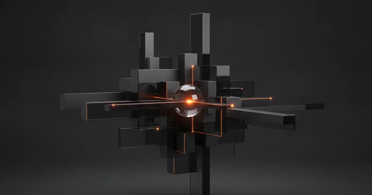 Abstract dark 3D artwork with orange light accents showing interlocking black blocks around a glowing core, illustrating the TreeTopFrog philosophy of building websites for modern search