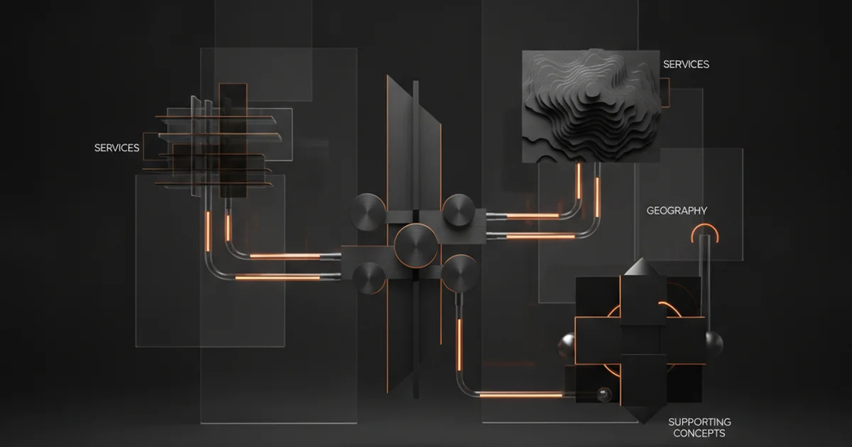 Abstract dark 3D artwork with orange light accents illustrating entity clarity in local search