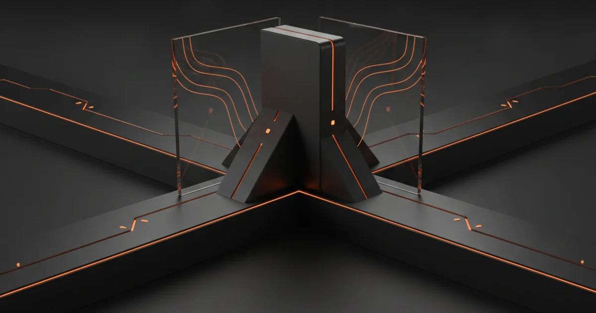 Abstract dark 3D artwork with orange light accents illustrating google business profile structural optimisation strategy
