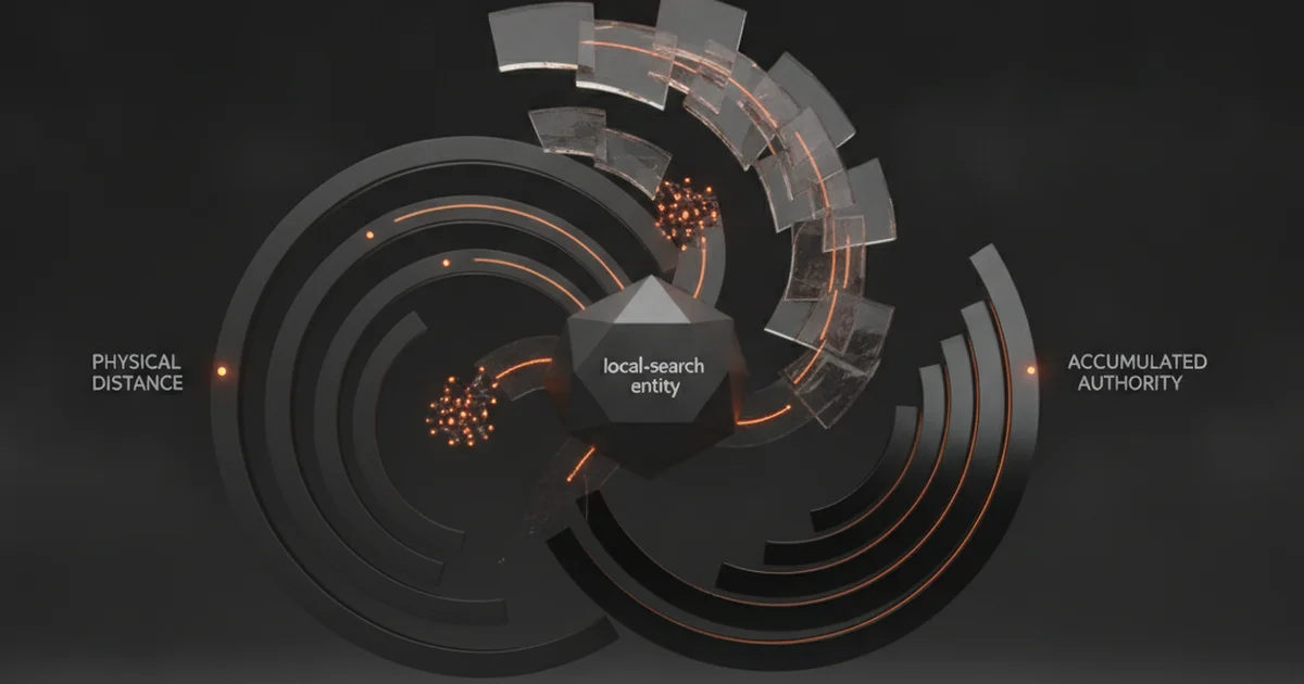 Abstract dark 3D artwork with orange light accents illustrating proximity vs relevance vs prominence explained