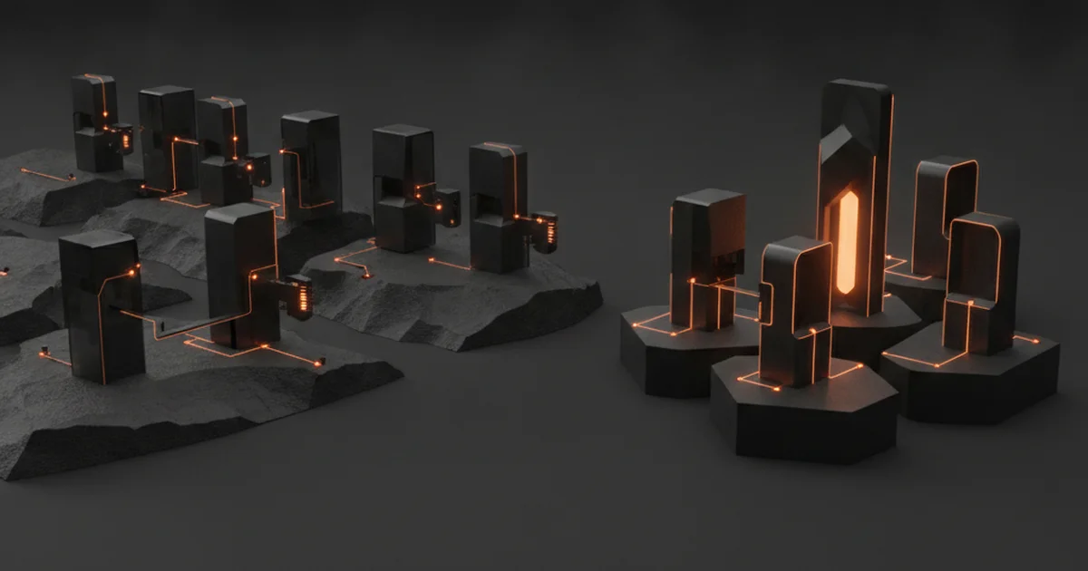 Abstract dark 3D artwork with orange light accents illustrating why templates fail multi area service businesses