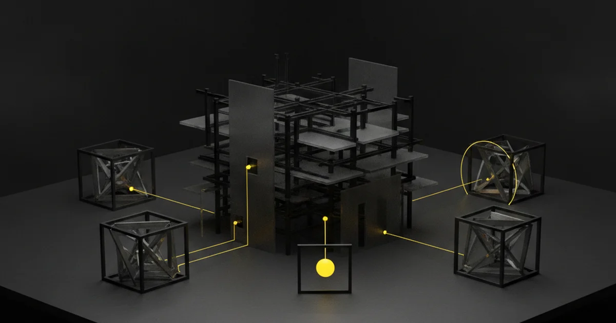 Abstract dark 3D artwork with yellow light accents illustrating questions to ask before hiring a web agency