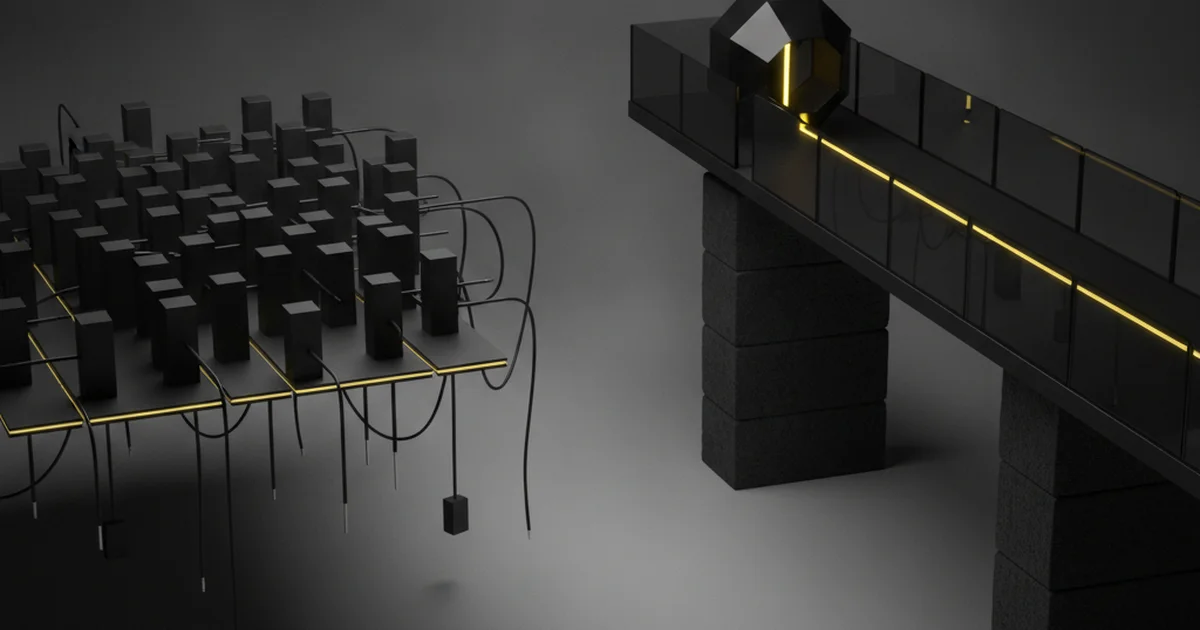 Abstract dark 3D artwork with yellow light accents illustrating should you use checkatrade or build your own site