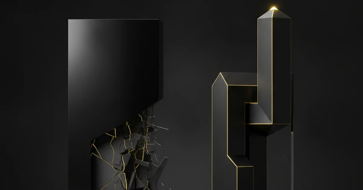 Abstract dark 3D artwork with yellow light accents illustrating the real cost of cheap web design