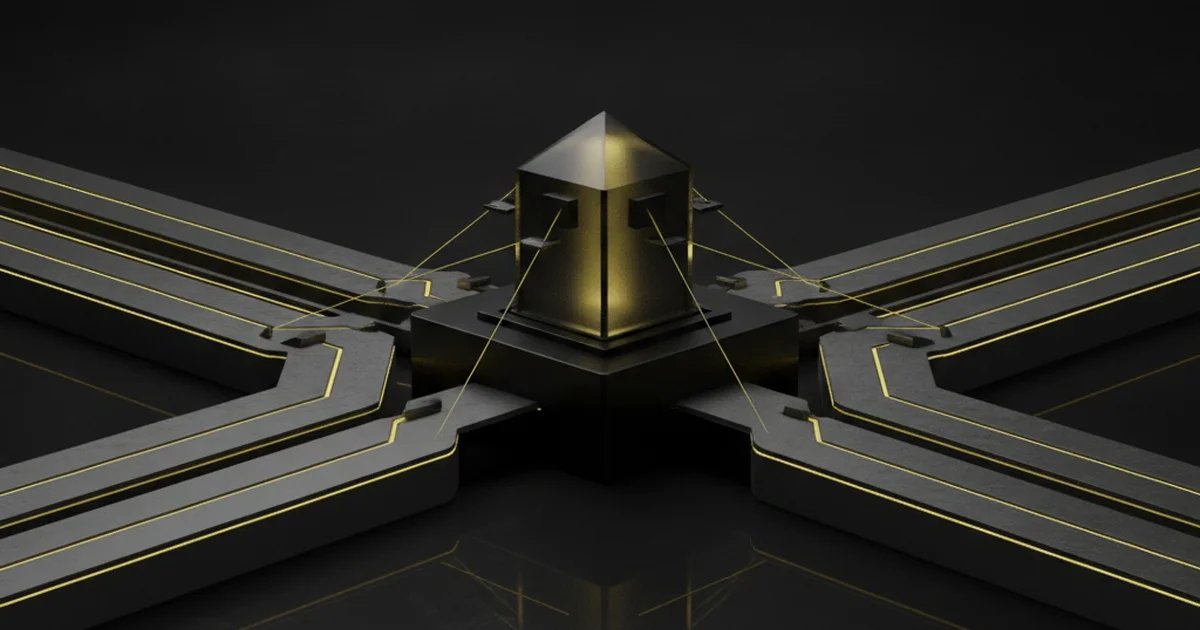 Abstract dark 3D artwork with yellow light accents illustrating what a good website actually means for a service business