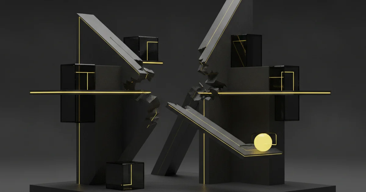 Abstract dark 3D artwork with yellow light accents illustrating the SAB Owner Problems insights collection: why service business websites fail to generate work