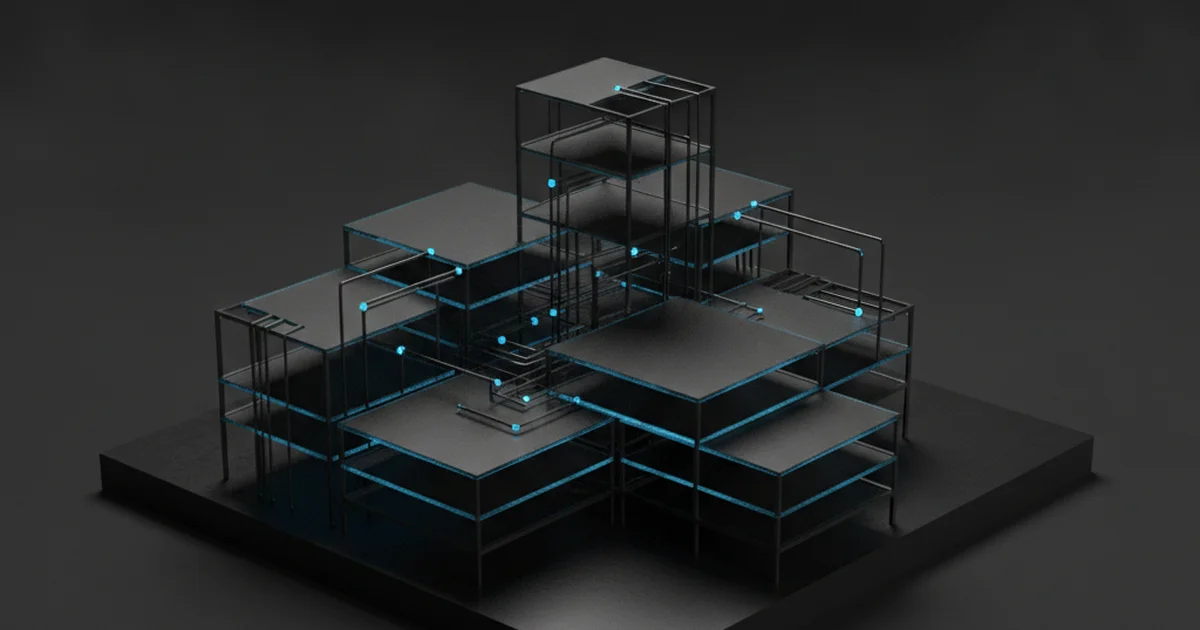 Abstract dark 3D artwork with blue light accents illustrating entity ownership across a multi location site