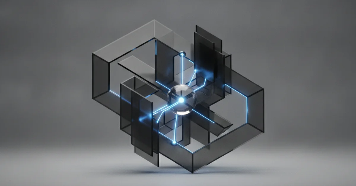 Abstract dark 3D artwork with blue light accents illustrating internal linking for geographic authority