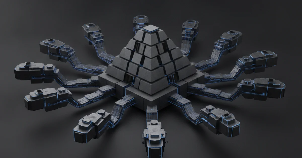 Abstract dark 3D artwork with blue light accents illustrating scaling from one town to ten without losing rankings