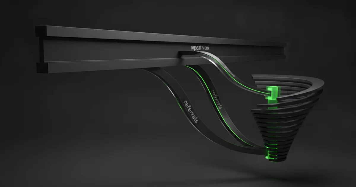 Abstract dark 3D artwork with green light accents illustrating lifetime value strategy for local service companies