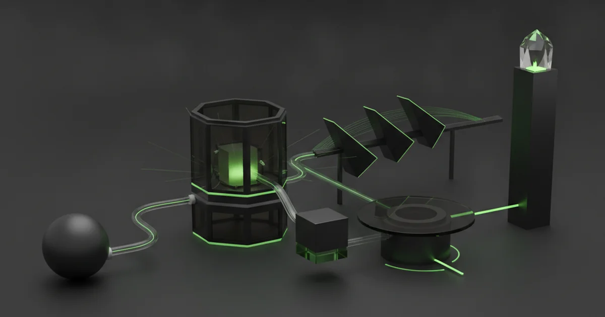 Abstract dark 3D artwork with green light accents illustrating what happens after someone finds you