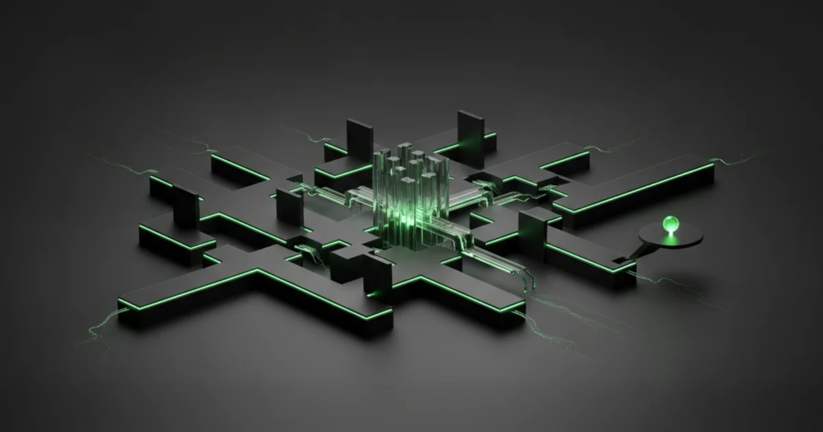 Abstract dark 3D artwork with green light accents illustrating why most local businesses lose leads before they convert