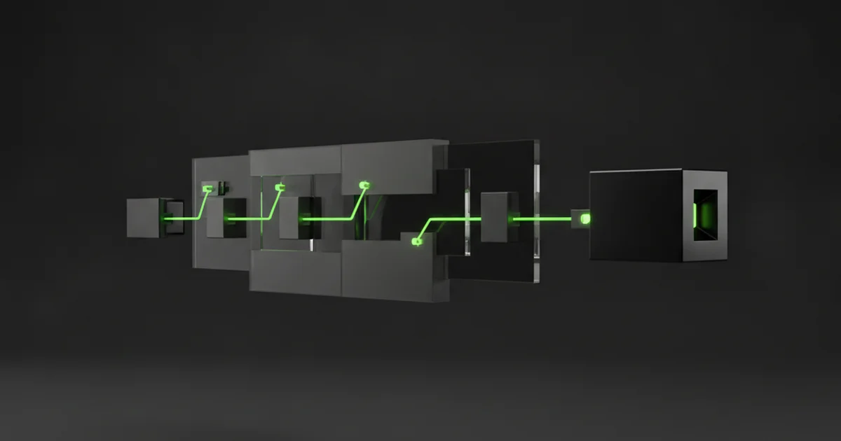 Abstract dark 3D artwork with green light accents illustrating the Search Performance service: speed, indexing and measurement