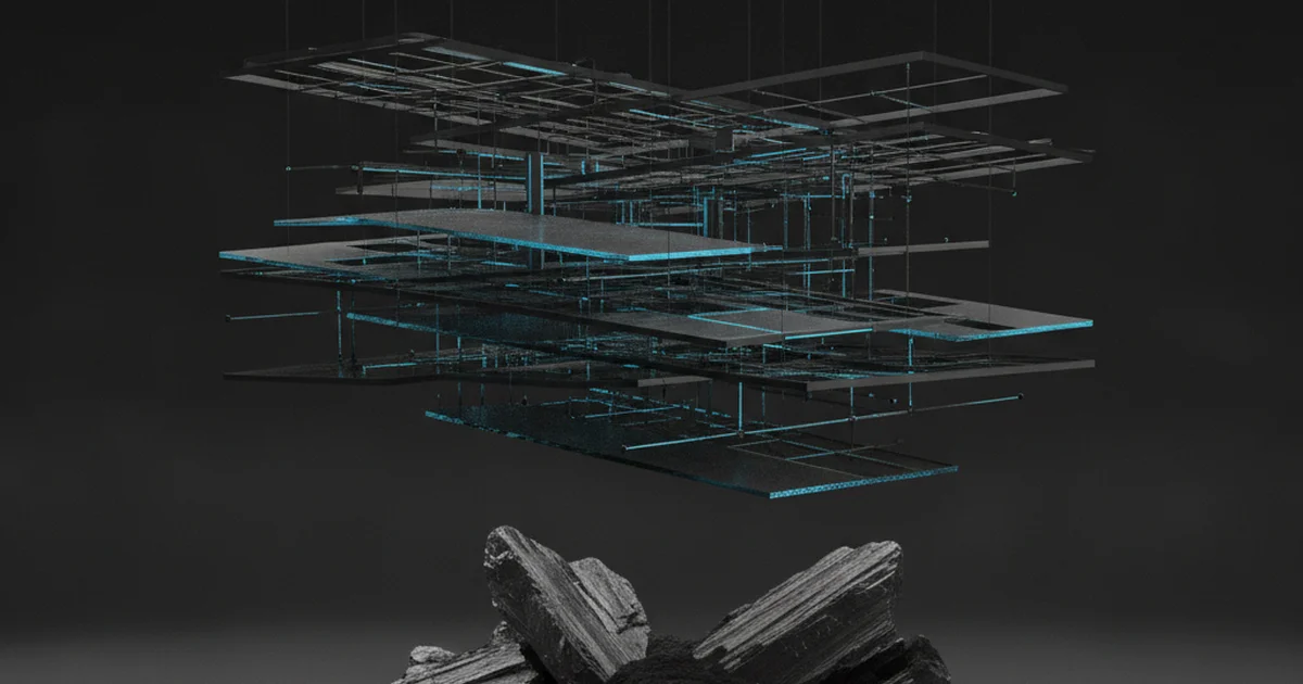 Abstract dark 3D artwork with blue light accents illustrating the Visibility Architecture service: planning a website structure before it is built