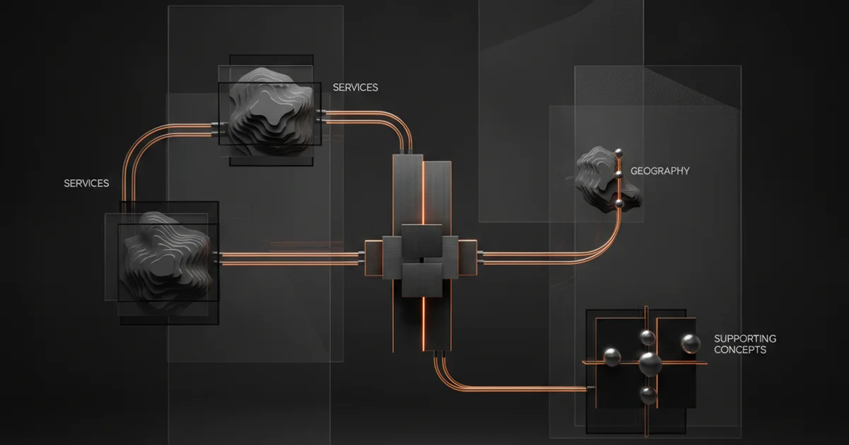 Abstract dark 3D artwork with orange light accents connecting services, geography and supporting concepts into one central structure, illustrating how modern local search understands a business