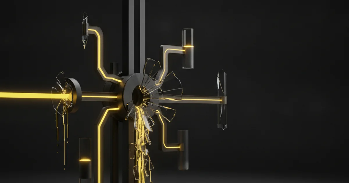 Abstract dark 3D artwork with yellow light accents showing a shattered junction leaking light from a pipe network, illustrating websites that exist but fail to work