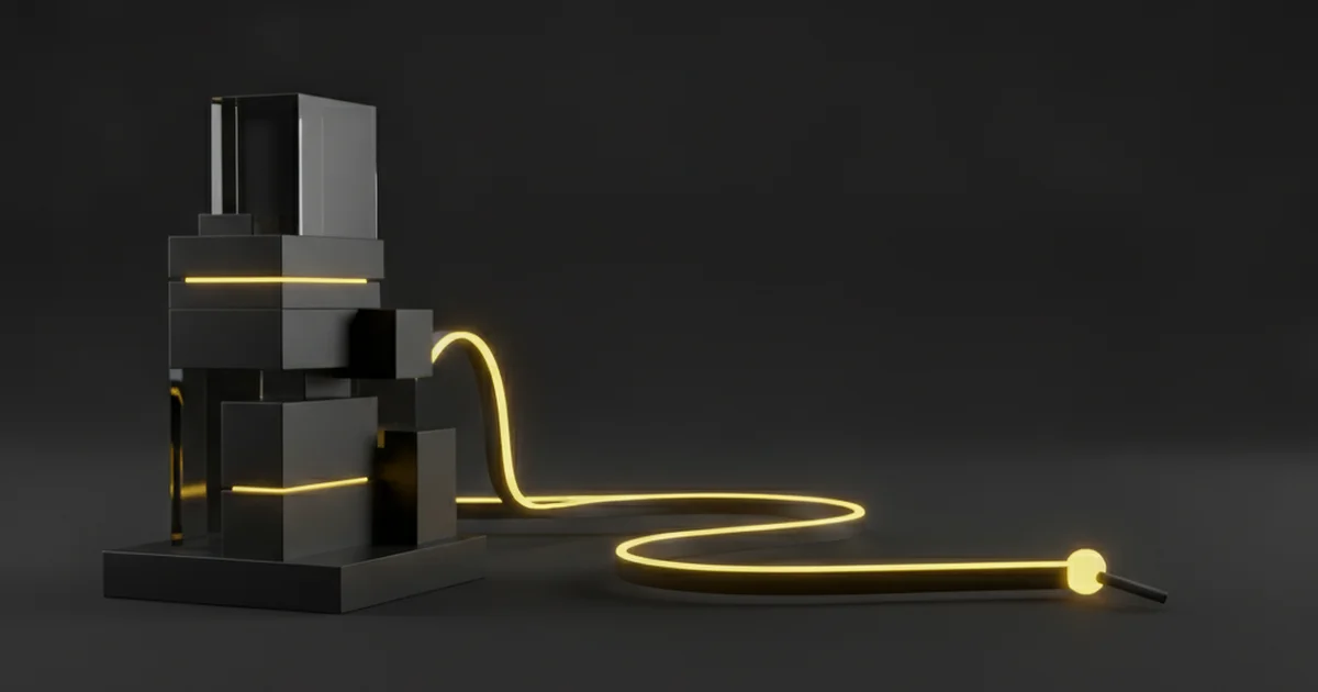 Abstract dark 3D artwork with yellow light accents showing a compact structured machine feeding out a single glowing cable, illustrating a visibility system built for local service businesses