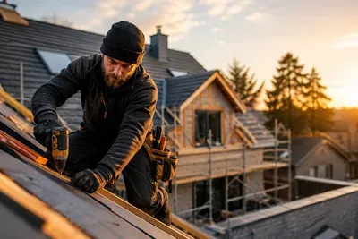 A tradesperson working on a roof. Builders, roofers and electricians served by TreeTopFrog