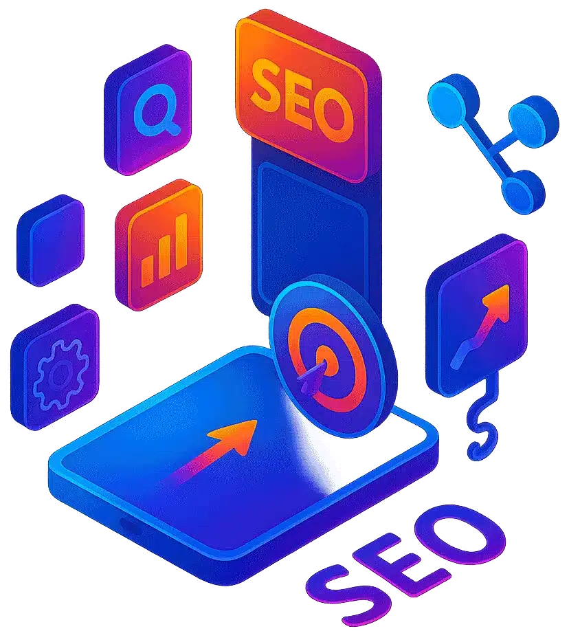 Graphic of tablet and SEO icons and target to show digital growth