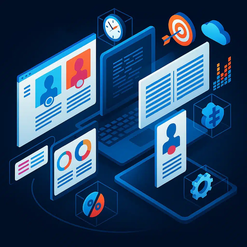 Graphic of computer screens, profiles, cogs and fife targeting