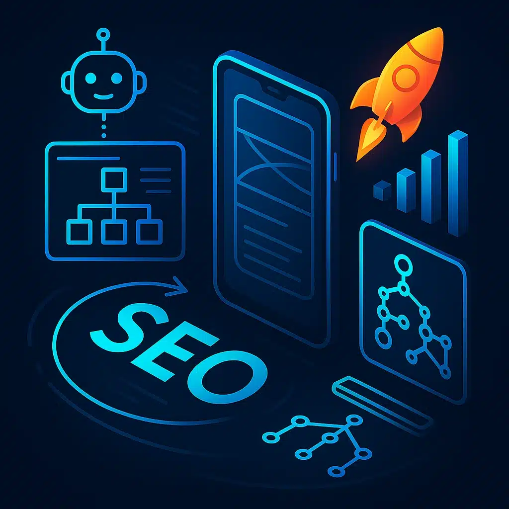 Graphic showing modern SEO targeting, rocket and phone
