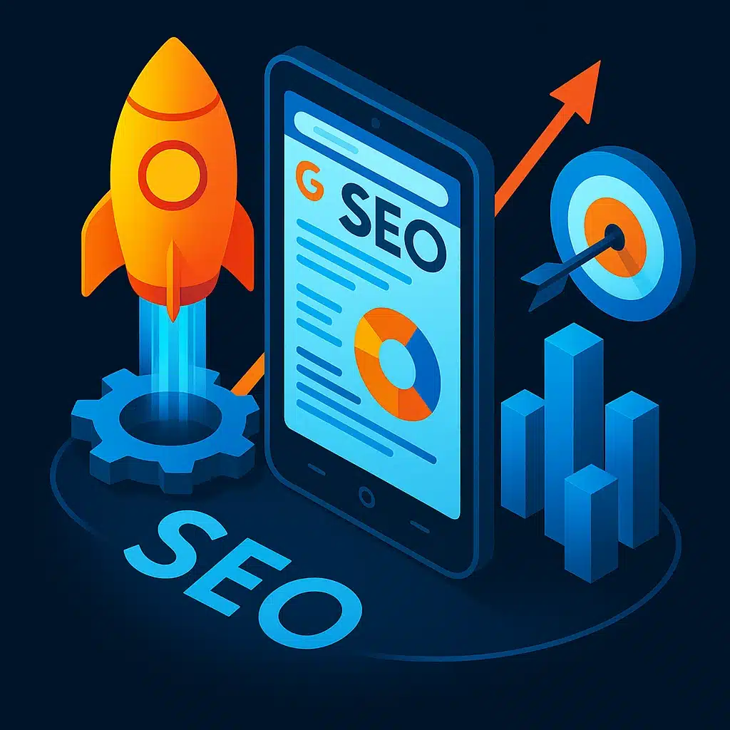 Graphic showing modern SEO targeting, rocket and phone