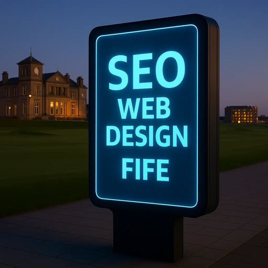 Digital Ad Board in Front of St Andrews Golf Course saying SEO Web Design Fife